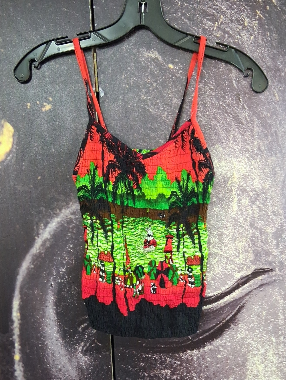 Shore Line Tropical Print Green & Black Top. Size XS -S Vintage.